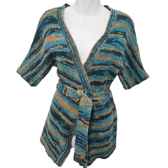 O’Neill Women's Wrap Blue Print Marled Crochet Open Front Cardigan w Tie Large - Picture 1 of 5